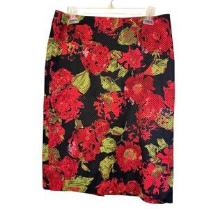 Talbots Red Green Black Floral Textured Pencil Skirt Women’s Size 8